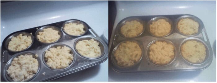 Photo shows a side by side of the muffin tin biscuits