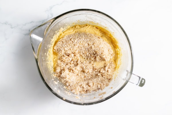 adding oatmeal to cake batter