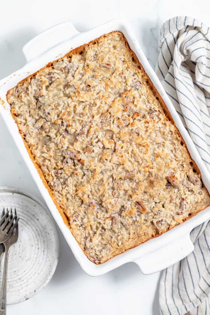 baking pan with oatmeal cake
