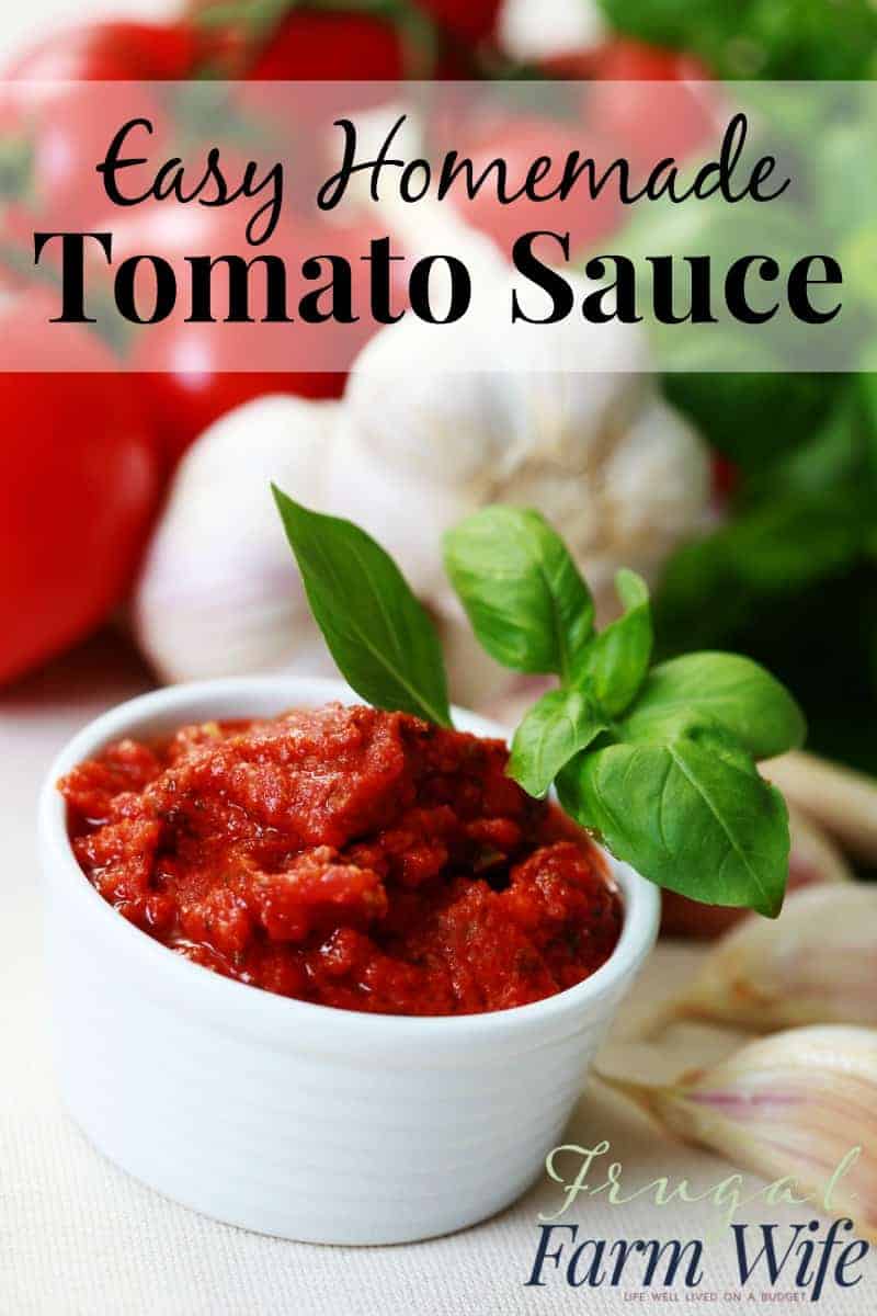 Image shows a small white bowl of tomato sauce with a piece of basil and text that reads "Easy Homemade Tomato Sauce"