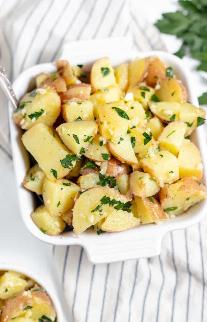 serving dish of Italian potato salad