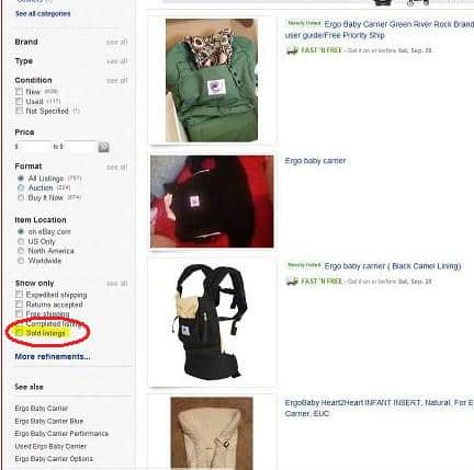 Image shows a screenshot of an eBay sales page, displaying a variety of Ergo baby carriers. 