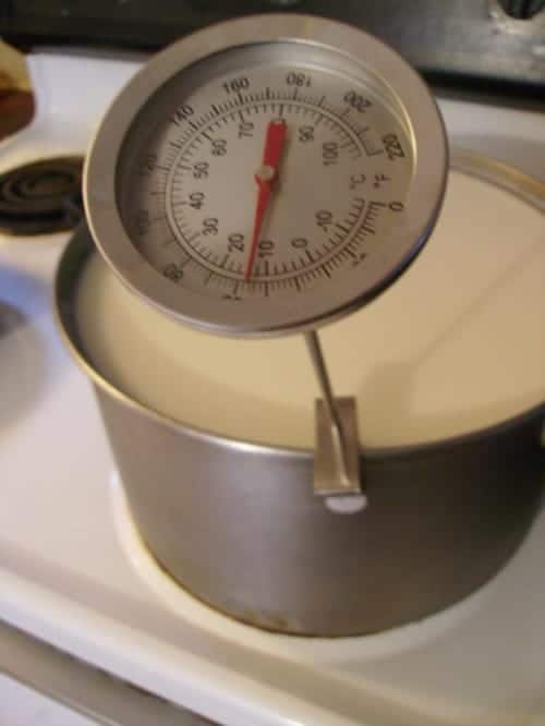 Image, taken from above, shows a large metal vessel on a stove full of milk to make mozzarella cheese, with a thermometer on the side taking the temperature.