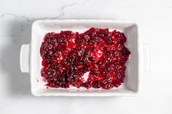 cranberry sauce layered in a baking dish