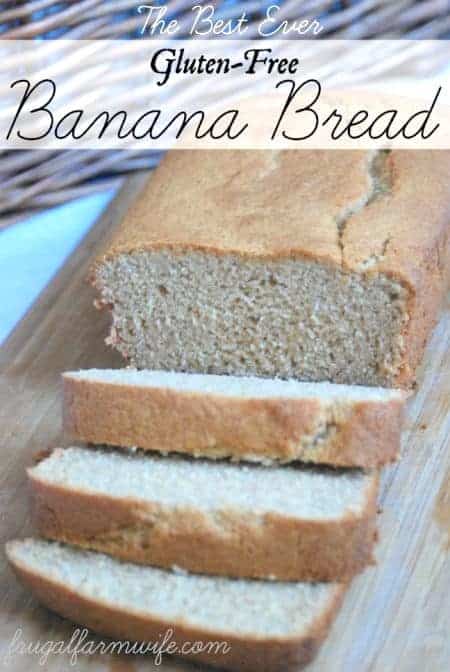 Image shows a loaf of gluten free banana bread sitting on a cutting board, with several slices cut into it. Text above reads "The Best Ever Gluten Free Banana Bread"