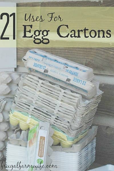 Image shows a large stack of cardboard egg cartons with the text "21 Uses for Egg Cartons"