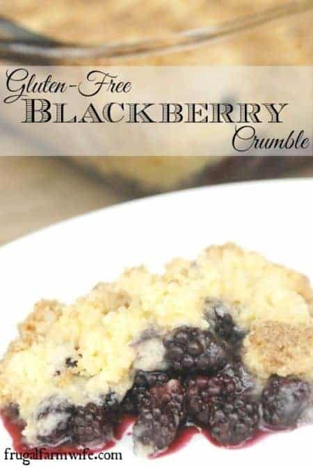 Image shows a piece of gluten-free blueberry crumble on a plate with text that reads "gluten-free blackberry crumble"