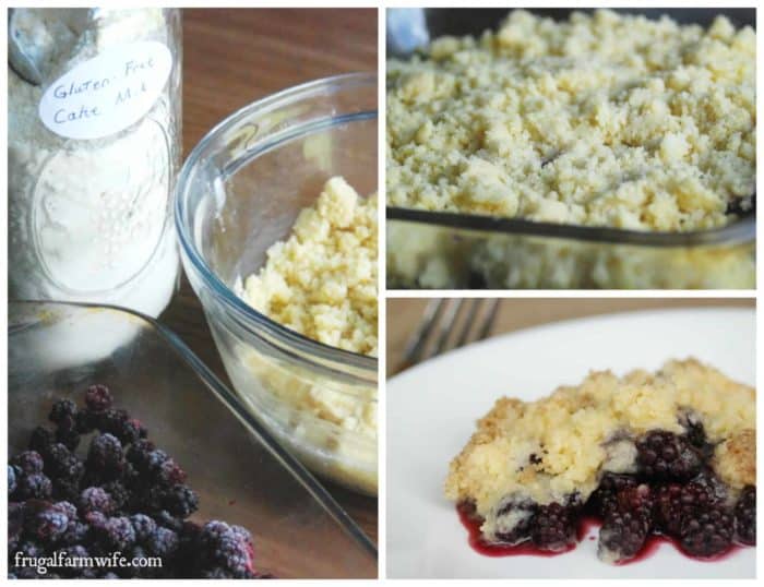 Photo shows a collage of images from baking a blackberry crumble