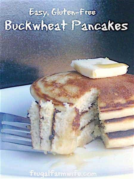 Image shows a stack of pancakes with a bite on a fork, and text that reads "Easy, Gluten-Free Buckwheat Pancakes"