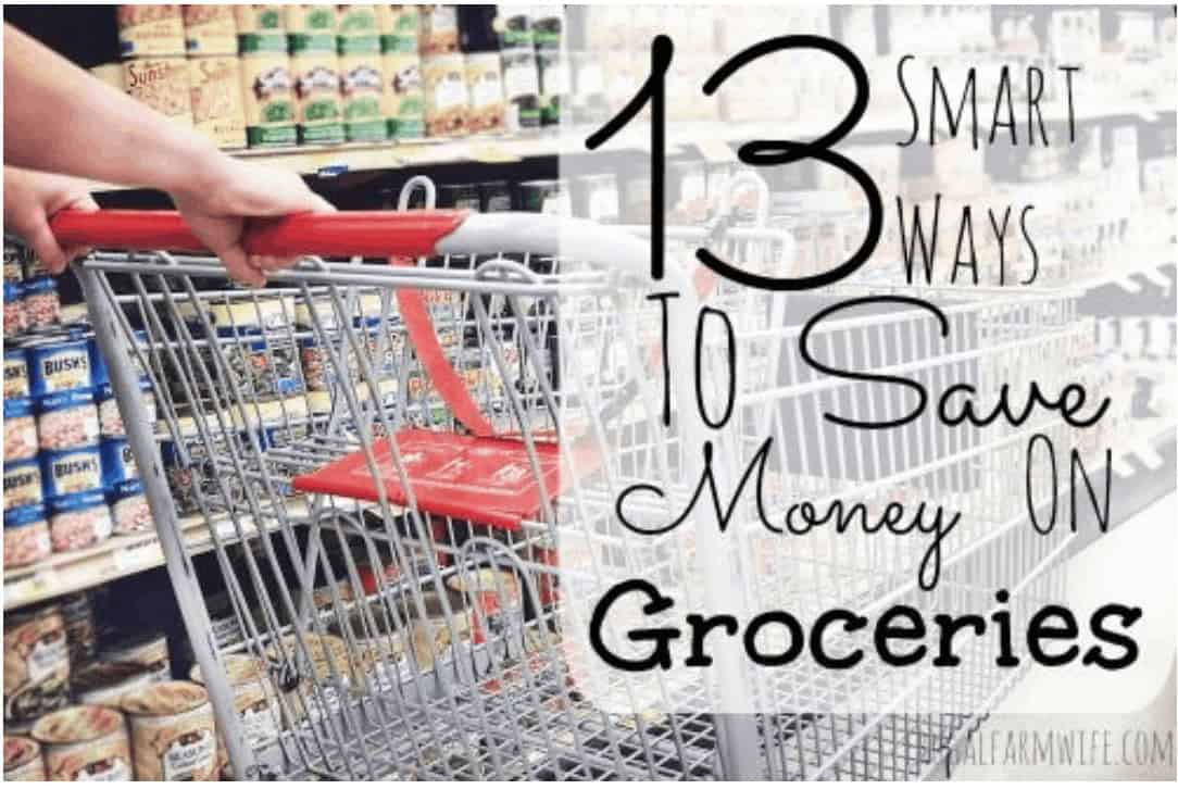 Image shows a shopping cart in a grocery store aisle, with text overlay that reads "13 Smart Ways to Save Money on Groceries"
