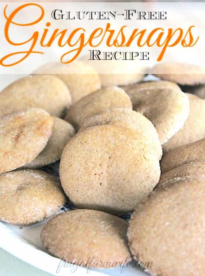 Image shows a close up of a plate of Gingersnap cookies, with text that reads "Gluten-free GIngersnaps Recipe"