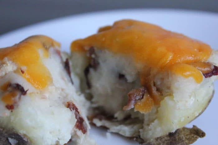 Image shows a close up of the twice baked potatoes