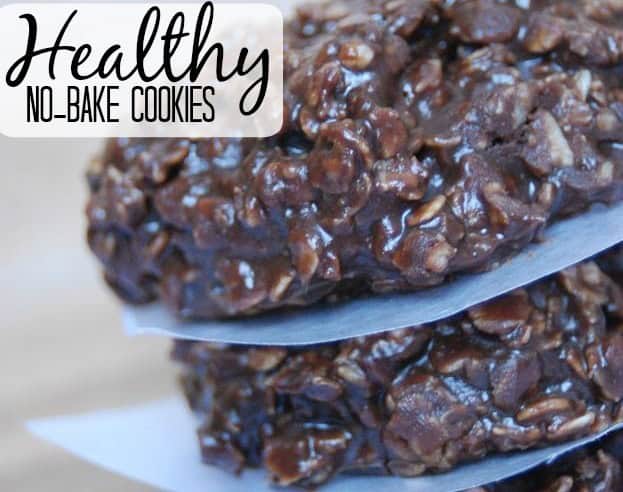 Image shows a close up of chocolate no -bake cookies stacked on one another. Text overlay reads "Healthy No-Bake Cookies"