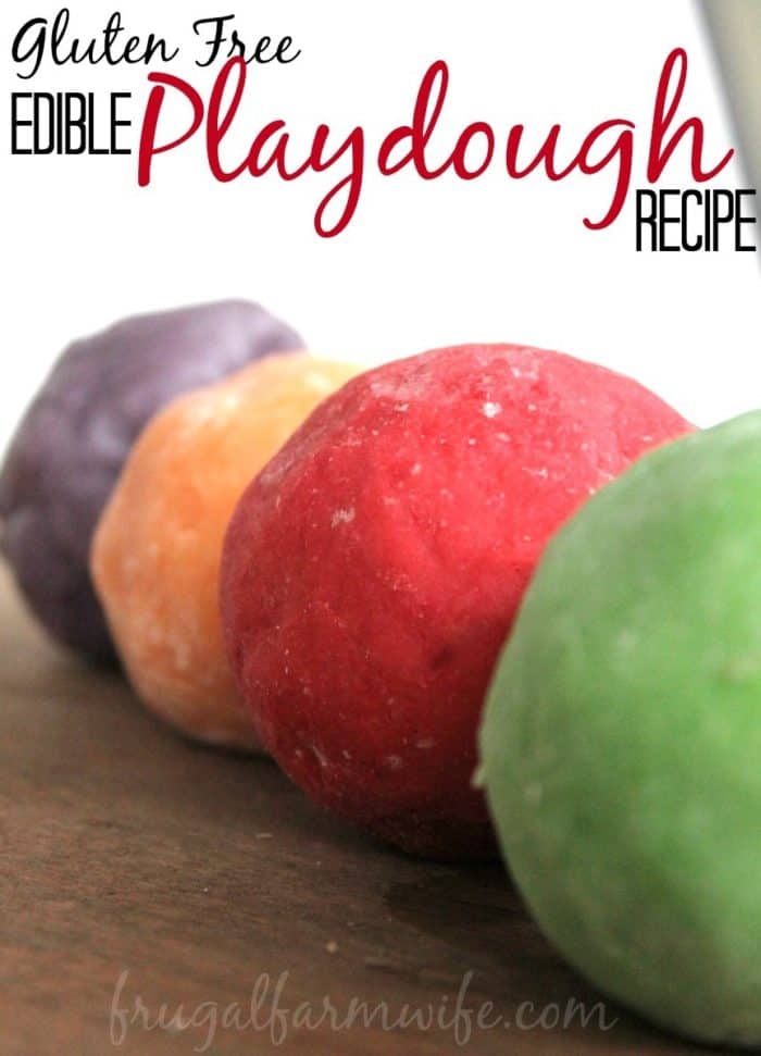 Image shows four balls of playdough, with text that reads "Gluten Free Edible Playdough Recipe"