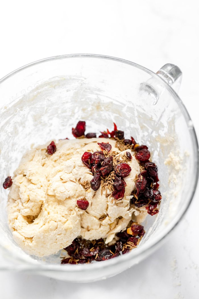 gluten free Irish soda bread dough with craisins and caraway seeds.