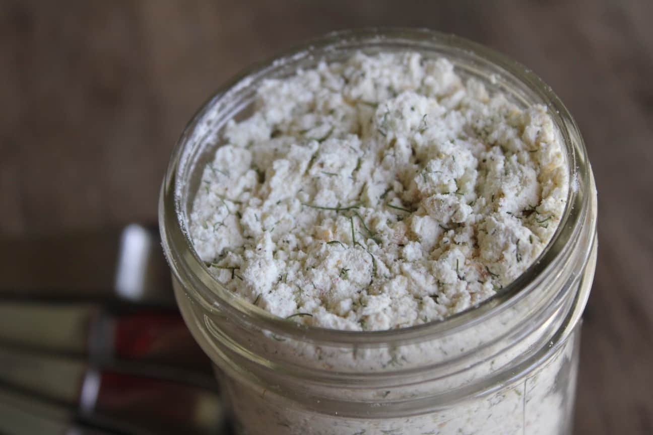 Image shows a jar of powdered ranch dressing mix in a jar.