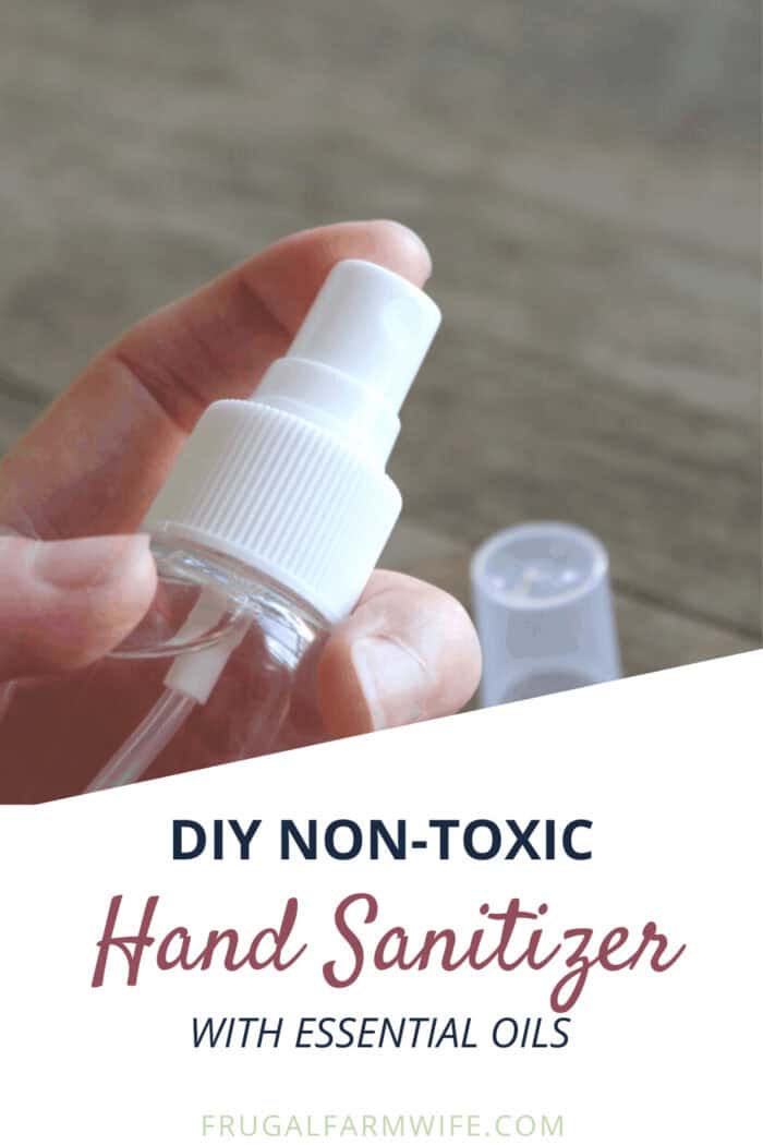 Image shows a hand holding a spray bottle, with text that reads "DIY non-toxic hand sanitizer"
