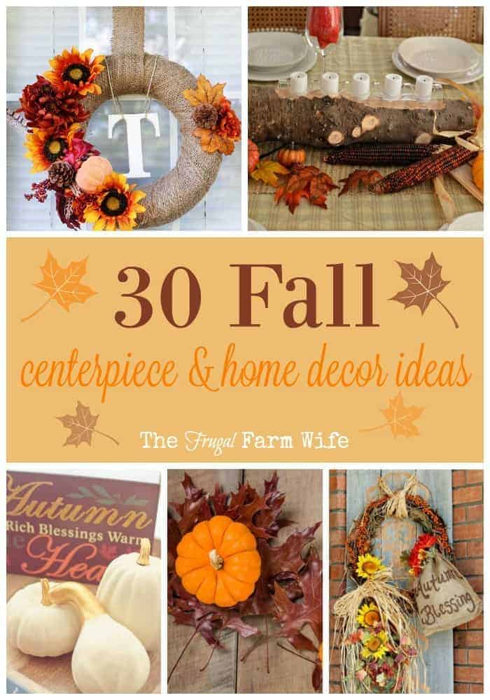 Image shows a collage of fall decor ideas with text that reads "30 Fall centerpiece & home decor ideas"