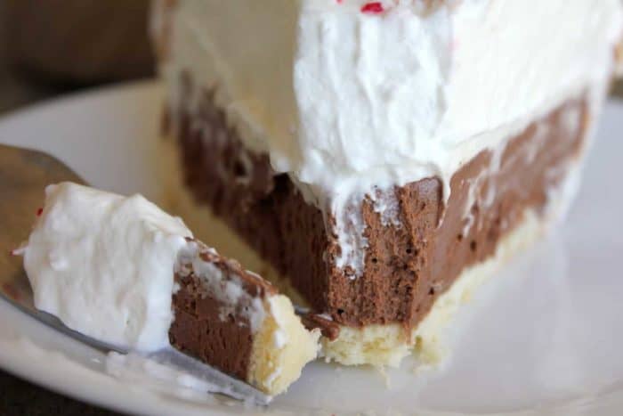 Image shows a close up of a slice of pie with a fork taking a bite of pie