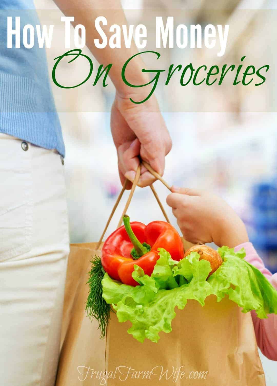 Image shows a woman carrying a paper bag of groceries with vegetables spilling out the top. A small child's hand also carries the bag. Text above reads "How to Save Money on Groceries"