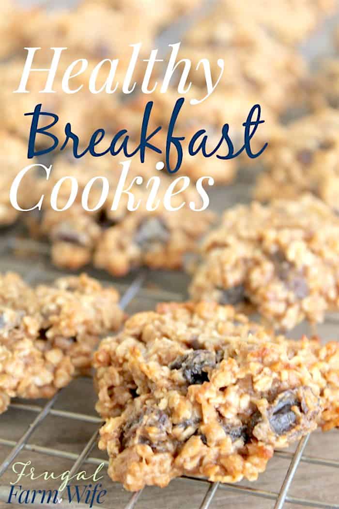 Image shows a close up of healthy breakfast cookies on a cooling rack. Text overlay reads "Healthy Breakfast Cookies"