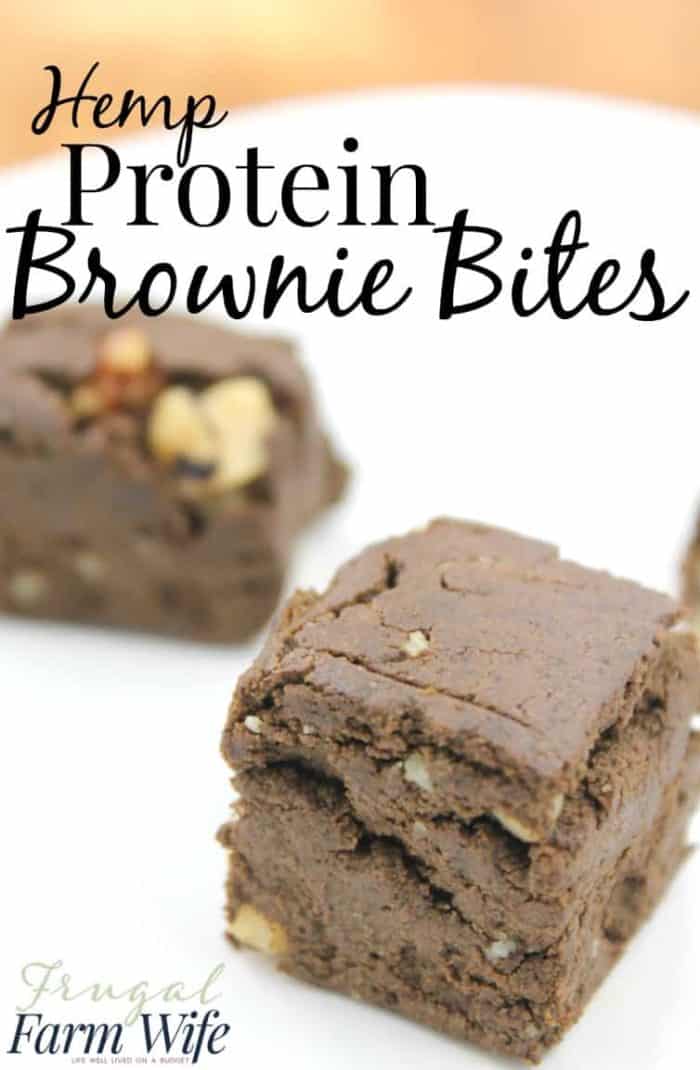 Image shows a close up of two brownie bites with the text above that reads "Hemp Protein Brownie Bites"