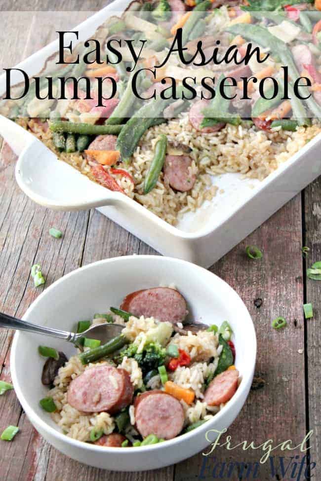 Image shows a casserole dish next to a bowl of casserole, with text that reads "Easy Asian Dump Casserole"