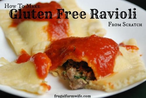 Gluten free Ravioli sits on a plate with the text "How to make gluten free ravioli from scratch"