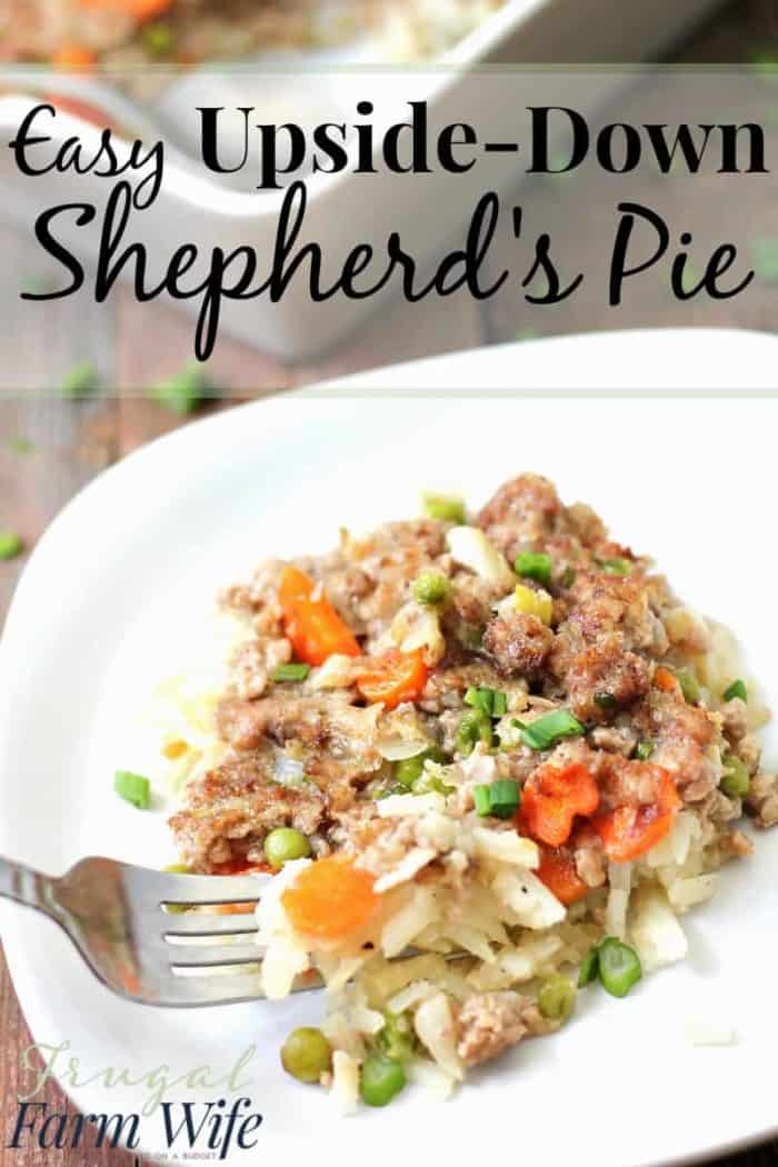 Image shows a plate of Shepherd's Pie with text that reads "Easy Upside-Down Shepherd's Pie"