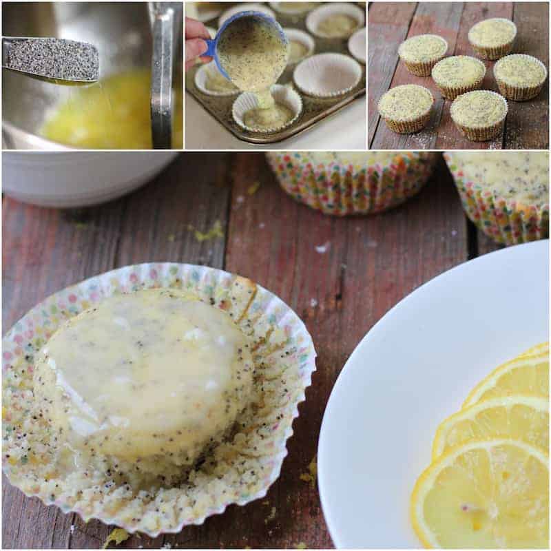 Image shows a collage of the various steps to prepare gluten free, lemon poppyseed cupcakes. From mixing the batter in the upper left, to pouring it into the muffin tin, and lastly icing the cooled cupcakes. 