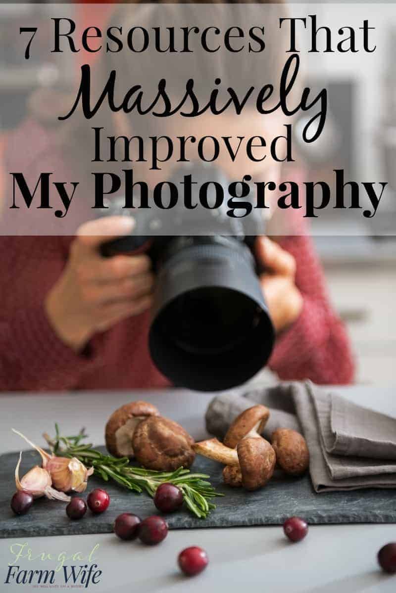 Images shows a woman photographing mushrooms up close with text that reads "7 Resources That Massively Improved My Photography"