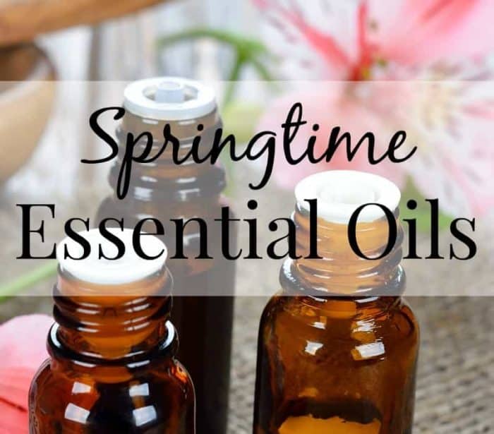 Photo shows three vials of essential oils with text that reads "Springtime Essential Oils"