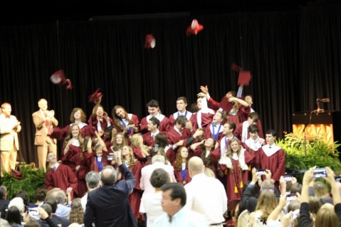 Image shows a group of graduates in red gowns tossing their caps into the air following graduation. 