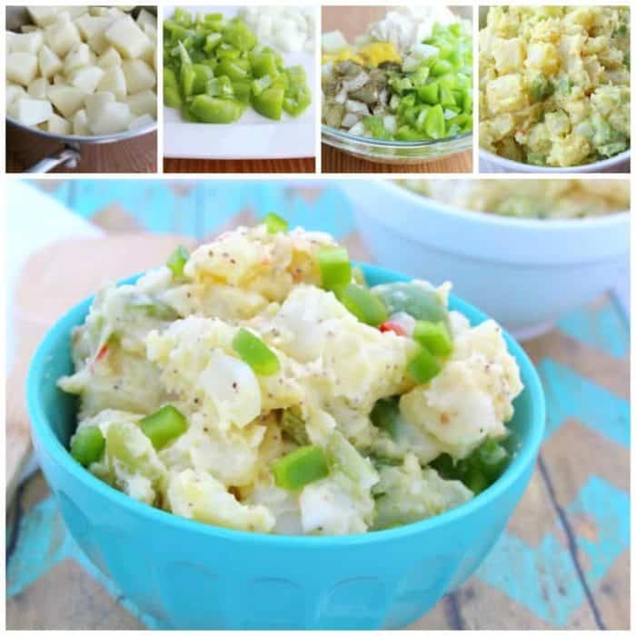 Image shows a collage of potato salad ingredients