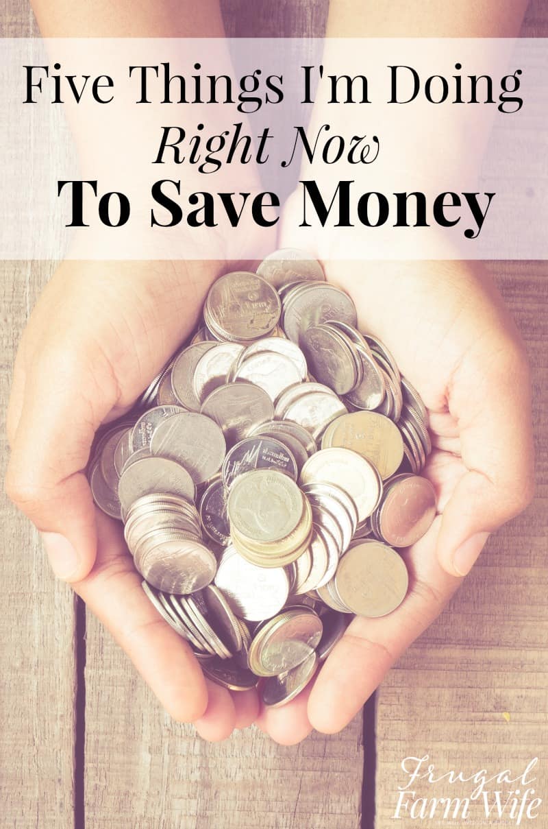Image shows two hands holding a large amount of coins with text above that reads "Five Things I'm Doing Right Now to Save Money"