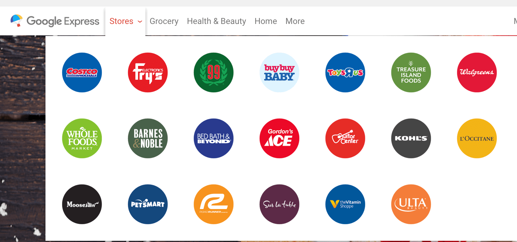 Image shows a Google Express page, with icons for the many stores to shop from