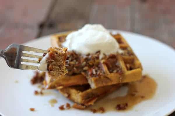 Image shows a fork taking a bite of pumpkin spice waffles on a white plate
