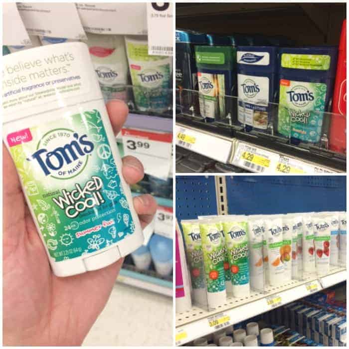 Image shows a collage of Tom's of Maine products, including a variety of deodorants and toothpastes. 