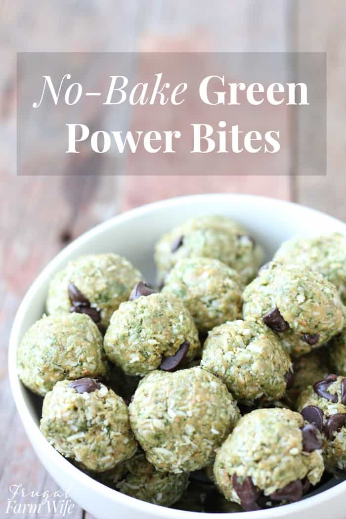 Image shows a close up of a bowl of  no-bake power bites. Text above reads "No-Bake Green Power Bites."