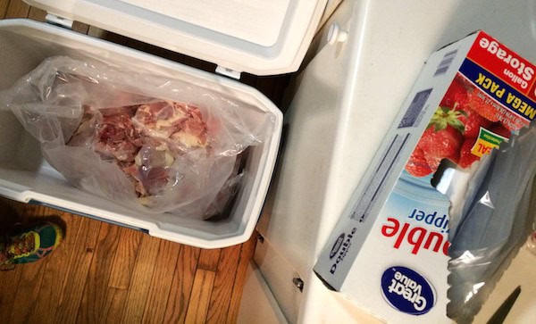 Image shows a bag of chicken in a cooler sitting next to a package of plastic bags