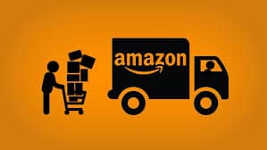 Image shows an Amazon logo with a truck and a delivery person loading it.