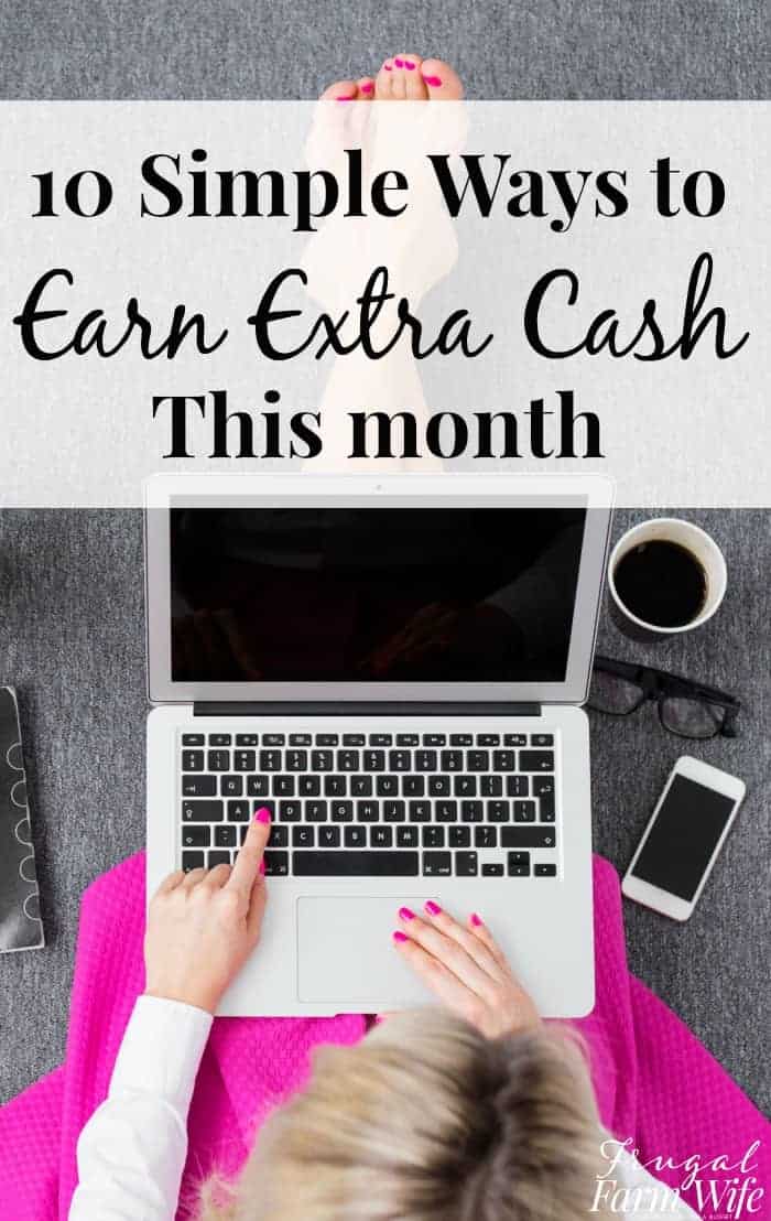 Image, taken from above, shows a woman wearing a bright pink skirt seated on the floor with a laptop in her lap. A phone, glasses and cup of coffee also sit nearby. Text above reads "10 Simple Ways to Earn Extra Cash This Month"