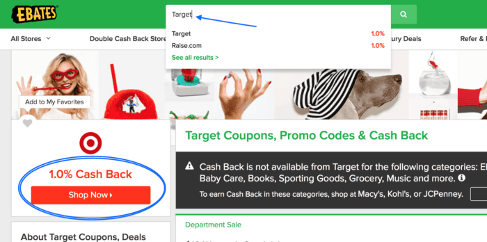 Image shows an eBates website searching for Target deals