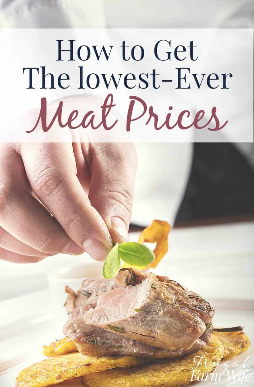 Image shows a hand placing a sprig of basil on top of a cut of roast pork, with text above that reads "How to get the lowest-ever meat prices"