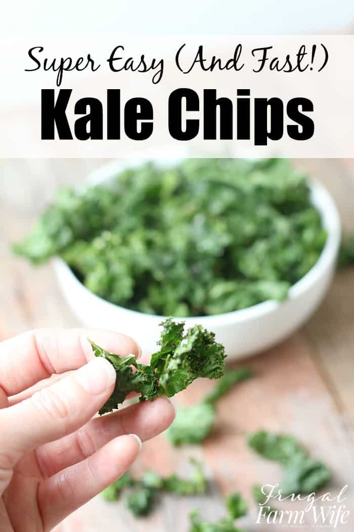Image shows a hand holding a kale chip in front of a bowl of more roasted kale chops. Text above reads "Super Easy (And Fast!) Kale Chips"