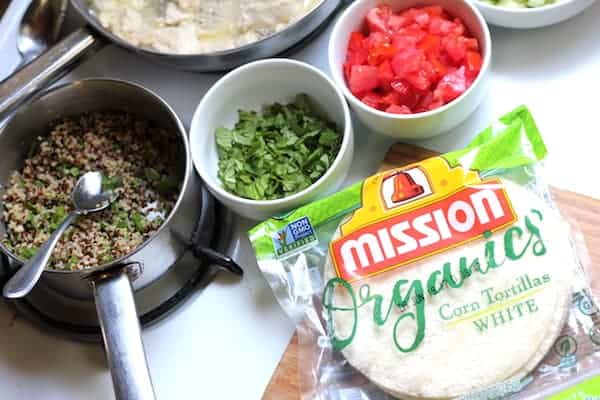 Photo shows ingredients for a Mediterranean tacos next to a package of tortillas