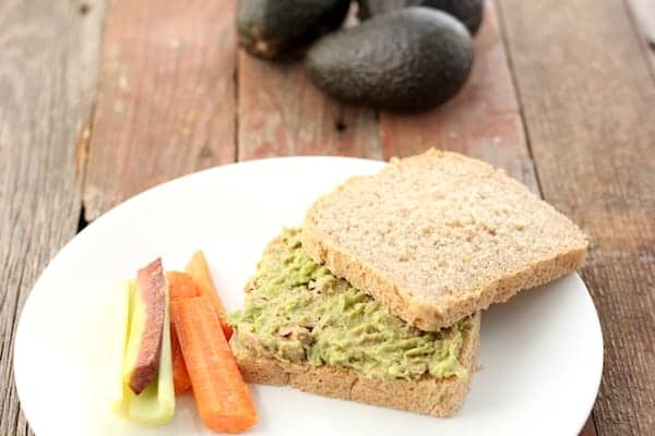 Photo shows a white plate with an avocado tuna salad sandwich on it on light brown bread. Three avocados sit in the background, and a small handful of cut carrots and celery sit on the plate with the sandwich. 