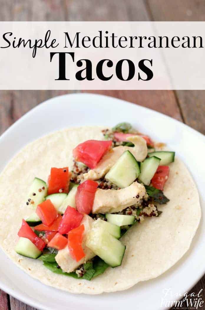 Image shows a taco on a plate with text that reads "Simple Mediterranean Tacos"
