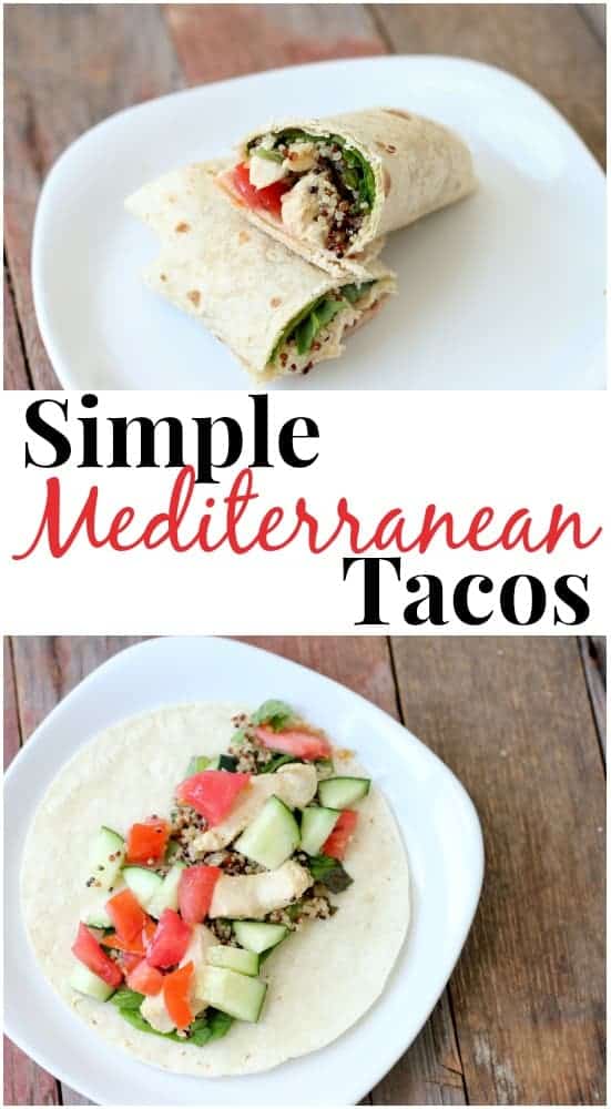 Photo shows two plates of tacos with text that reads "Simple Mediterranean Tacos"