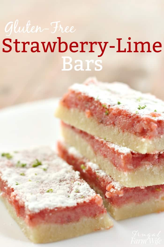 Image shows a small stack of  strawberry lime dessert bars, sprinkled in powdered sugar on a plate. A single bar sits next to the stack on the plate. Text above reads "Gluten Free Strawberry-Lime Bars"